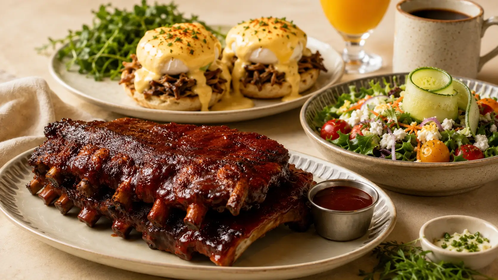 Lunch and brunch dishes featuring ribs, salad, and rib benedict
