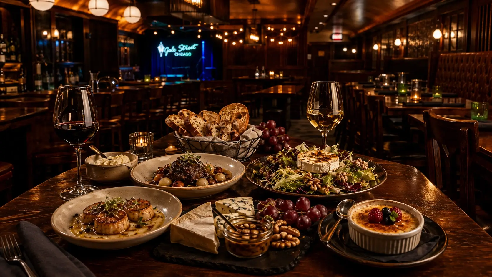 French-inspired food, wine, cheese, bread and dessert arranged on a table at Gale Street Inn