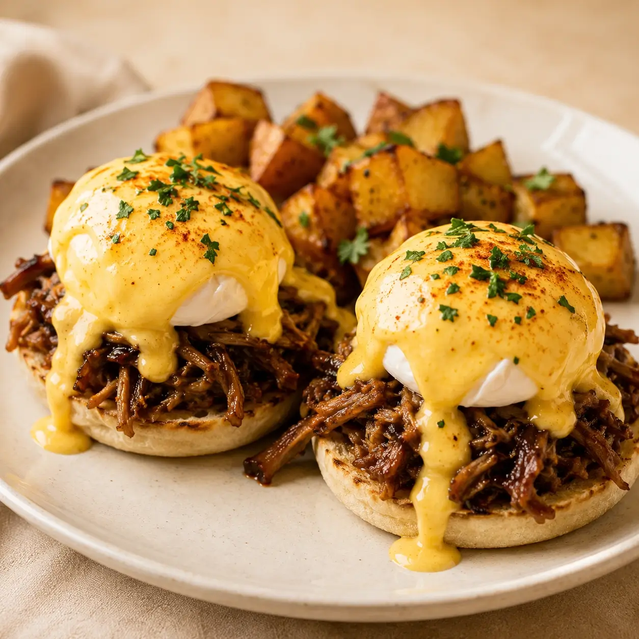 Rib Benedict with rib meat, poached eggs, and hollandaise